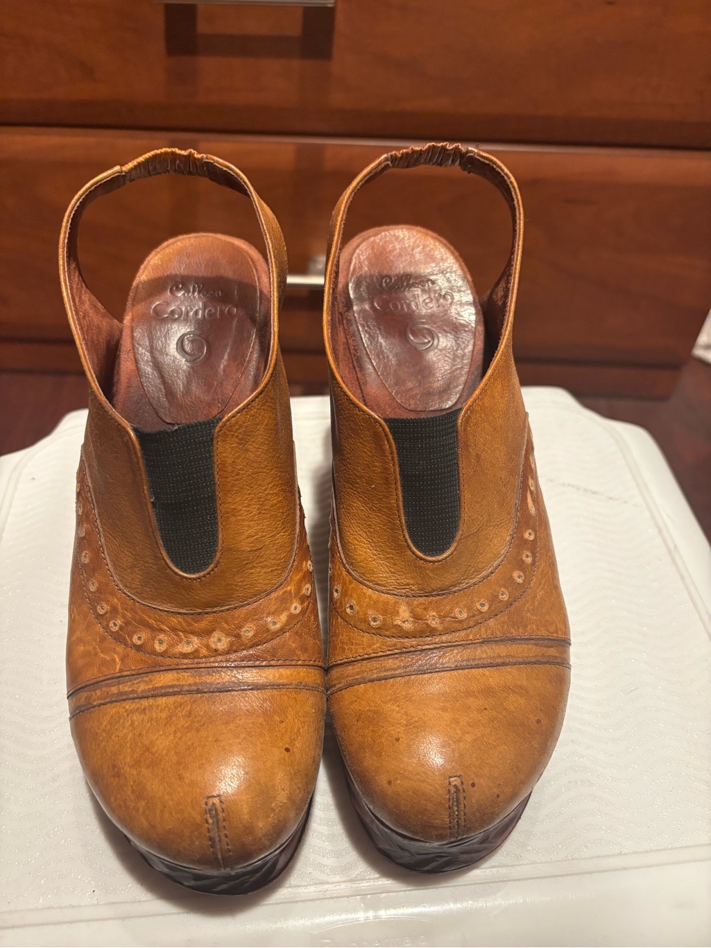 Vintage Calleen Cordero Slingback Brown Leather Wedge Heels